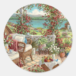 Vintage sticker with many flowers, landscape