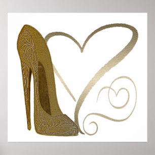 Vintage Stiletto Shoe Hearts Art Poster