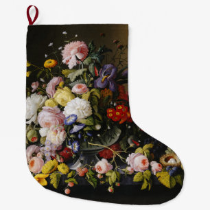 Vintage Still Life Flowers and Fruits Large Christmas Stocking