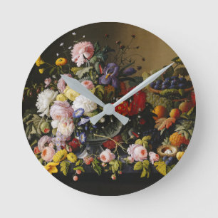 Vintage Still Life Flowers and Fruits Round Clock