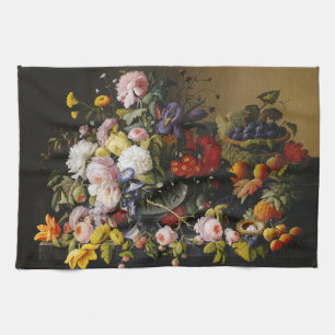 Vintage Still Life Flowers and Fruits Tea Towel