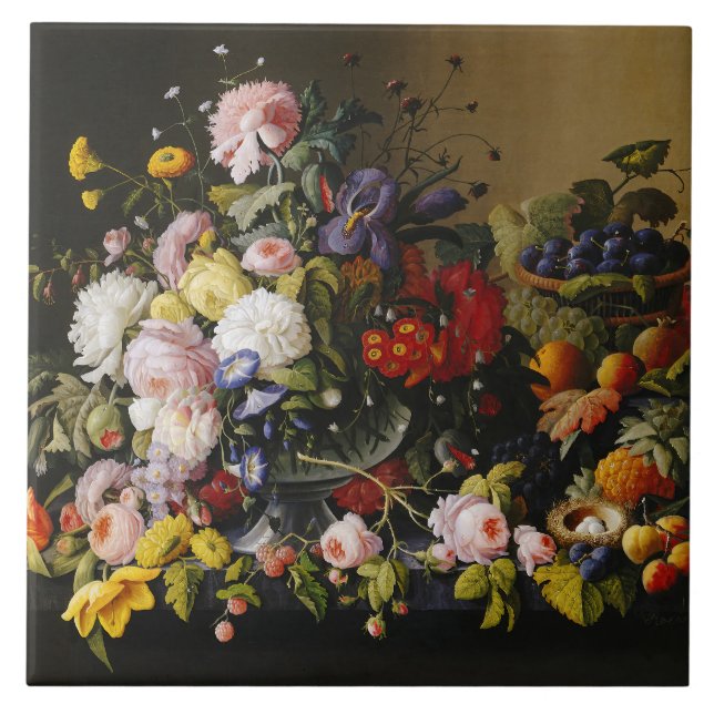 Vintage Still Life Flowers and Fruits Tile (Front)