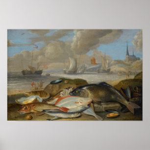 Vintage Still Life of Fish in a Harbour Landscape Poster