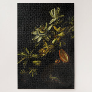 Vintage Still Life with Passionflowers on black Jigsaw Puzzle
