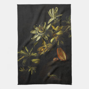 Vintage Still Life with Passionflowers on black Tea Towel
