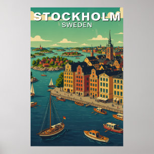 Vintage Stockholm Sweden Waterfront Travel Poster