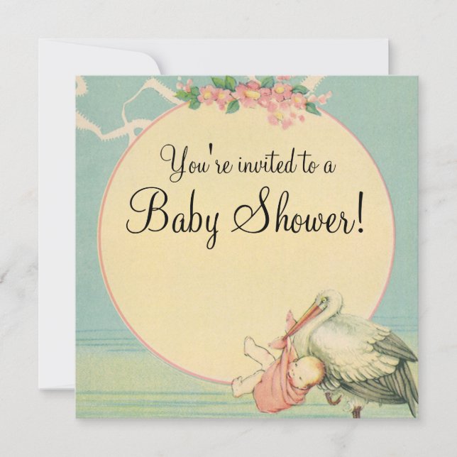 Vintage Stork Baby Blanket Baby Shower Invitation (Front)