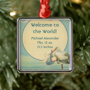 Vintage Stork Baby Boy Blanket, Welcome to World Metal Tree Decoration