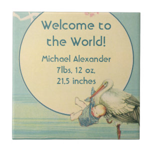 Vintage Stork Baby Boy Blanket, Welcome to World Tile