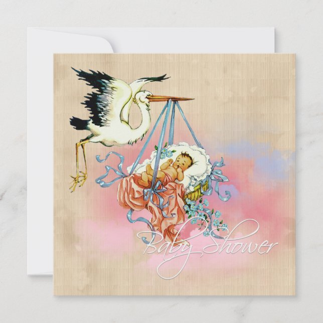 Vintage Stork Baby Boy Shower Invitation (Front)