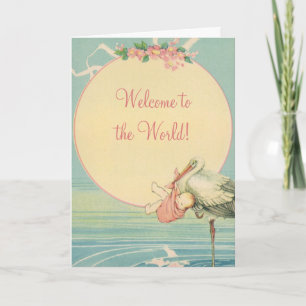 Vintage Stork Baby Girl Blanket, Welcome to World Card