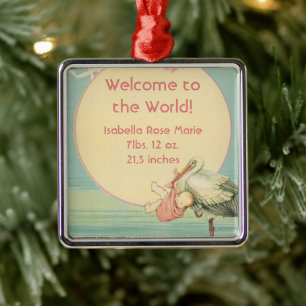 Vintage Stork Baby Girl Blanket, Welcome to World Metal Tree Decoration