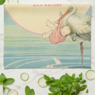 Vintage Stork Baby Girl Blanket, Welcome to World Tea Towel