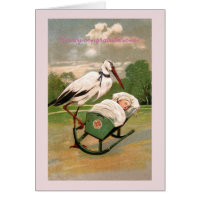 Vintage stork baby girl cradle announcement card
