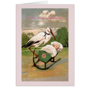 Vintage stork baby girl cradle announcement card