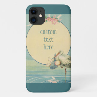 Vintage Stork Carrying Baby Boy in Blue Blanket iPhone 11 Case