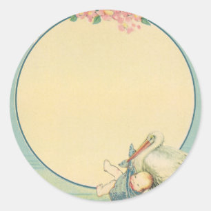 Vintage Stork Carrying Baby Boy in Blue Blanket Classic Round Sticker