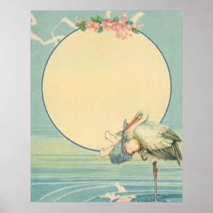 Vintage Stork Carrying Baby Boy in Blue Blanket Poster