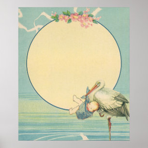 Vintage Stork Carrying Baby Boy in Blue Blanket Poster
