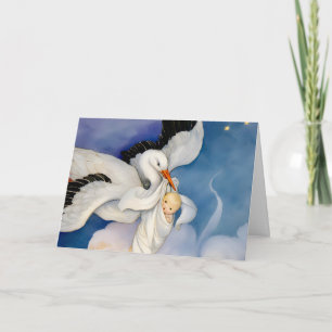 Vintage Stork Delivering Baby Watercolor Card