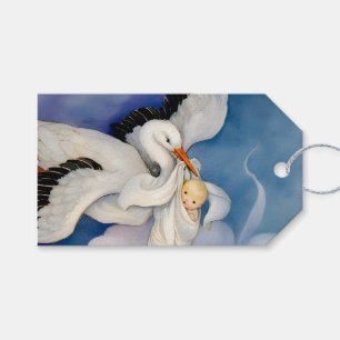 Vintage Stork Delivering Baby Watercolor Gift Tags