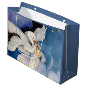 Vintage Stork Delivering Baby Watercolor Large Gift Bag