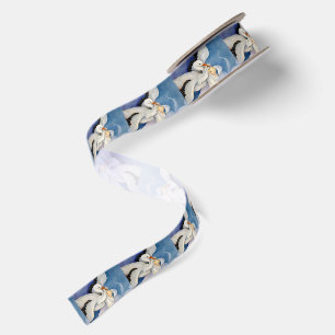Vintage Stork Delivering Baby Watercolor Satin Ribbon