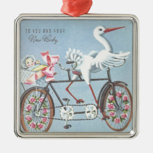 Vintage Stork on Bike To You and Your Baby Metal Tree Decoration