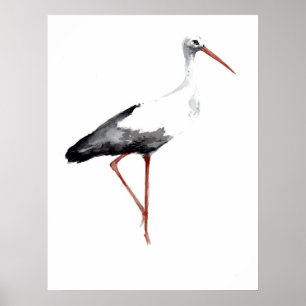 Vintage stork poster with white stork watercolor