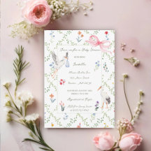 Vintage Stork, Rose And Ribbon Baby Shower