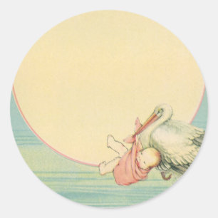 Vintage Stork with Baby Girl in Pink Blanket Classic Round Sticker