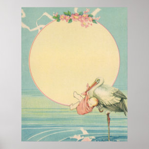 Vintage Stork with Baby Girl in Pink Blanket Poster