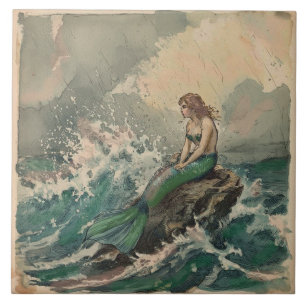 Vintage Stormy Sea with Mermaid  Tile