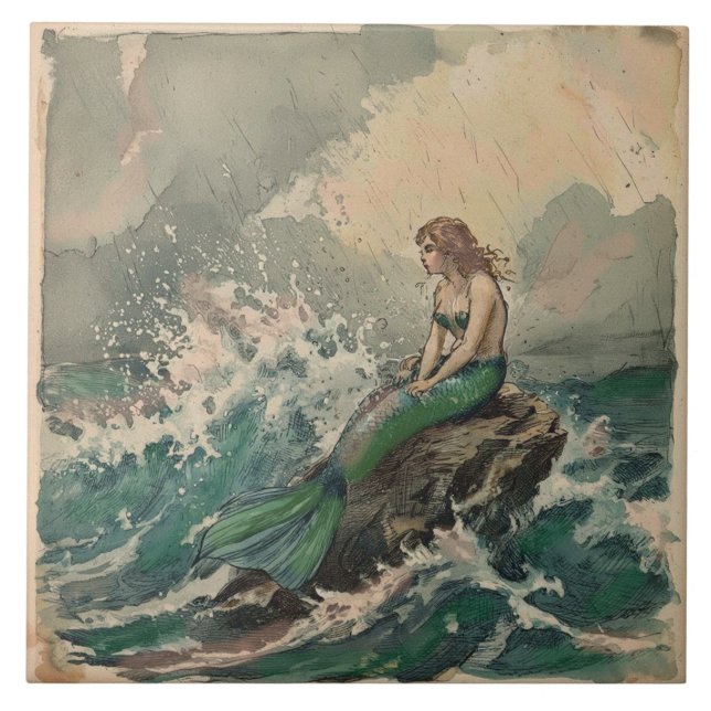Vintage Stormy Sea with Mermaid  Tile (Front)