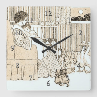Vintage Story Time in Sepia Square Wall Clock