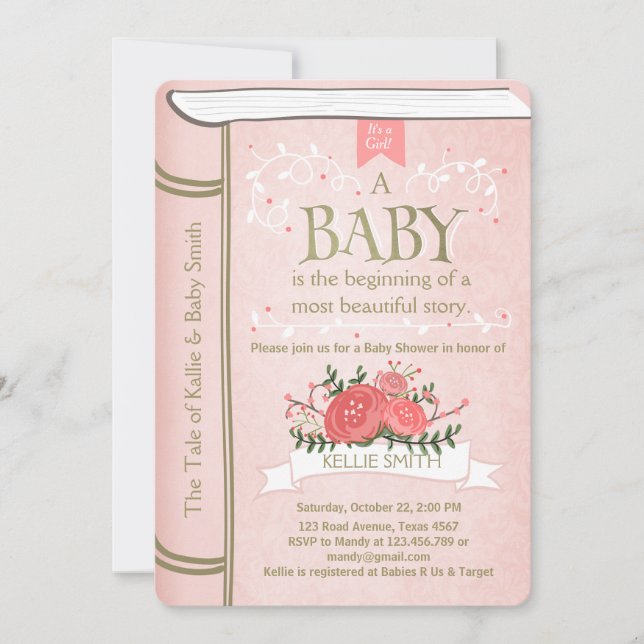 Vintage Storybook Baby shower invitation Pink Gold (Front)