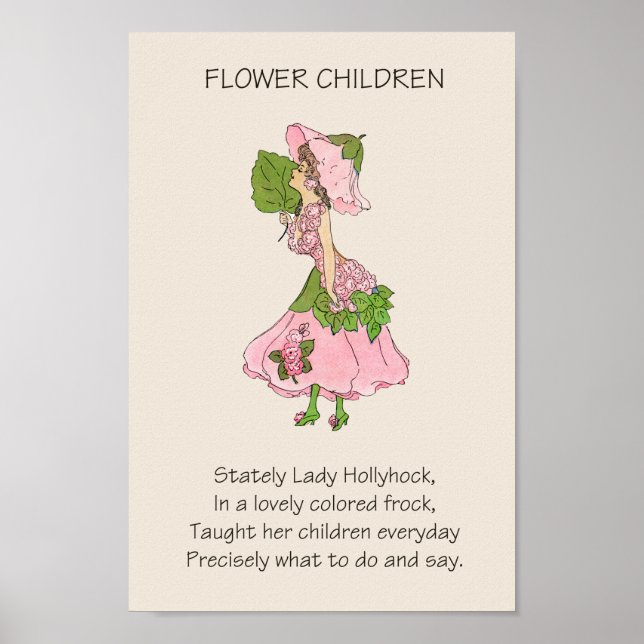 Vintage Storybook Flower Children HOLLYHOCK Poster (Front)