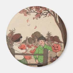 Vintage Storybook Kids & Pumpkins Magnet