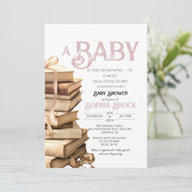 Vintage Storybook Rose Pink Baby Shower Invitation (Standing Front)