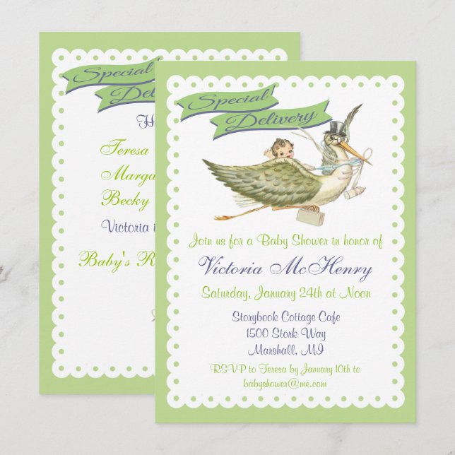 Vintage Storybook Stork Baby Shower Invitations (Front/Back)