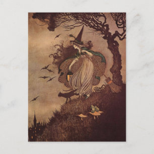 Vintage Storybook Witch and Black Cat Halloween Postcard