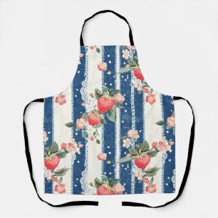 Vintage Strawberries & Blooms on Blue Stripes (2) Apron