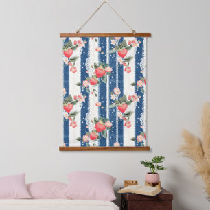 Vintage Strawberries & Blooms on Blue Stripes (2) Hanging Tapestry