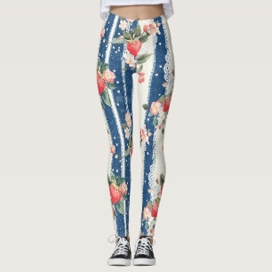 Vintage Strawberries & Blooms on Blue Stripes (2) Leggings