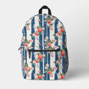 Vintage Strawberries & Blooms on Blue Stripes (2) Printed Backpack