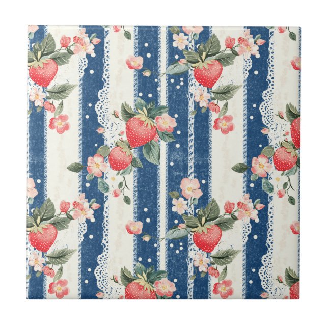 Vintage Strawberries & Blooms on Blue Stripes (2) Tile (Front)