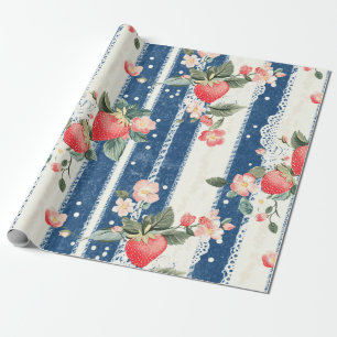 Vintage Strawberries & Blooms on Blue Stripes (2) Wrapping Paper