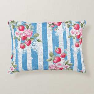 Vintage Strawberries & Blooms on Blue Stripes Decorative Cushion