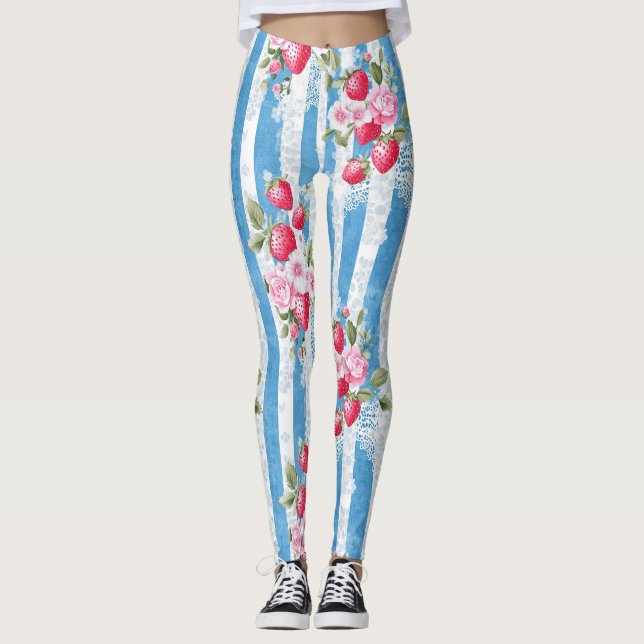 Vintage Strawberries & Blooms on Blue Stripes Leggings (Front)