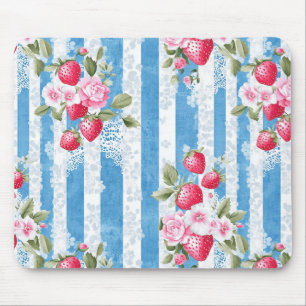 Vintage Strawberries & Blooms on Blue Stripes Mouse Mat